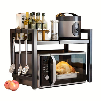 1pc-Estante para Microondas Expansible, Soporte de Cocina con Estante y Gancho para Vajilla en Acero al Carbón con 6 Ganchos - Regalos del Día de la Madre para Esposa
