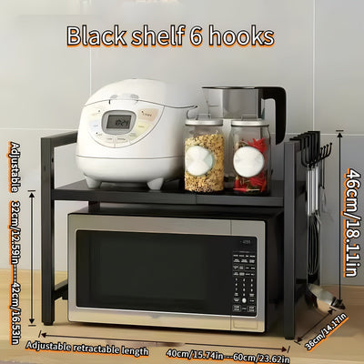 1pc-Estante para Microondas Expansible, Soporte de Cocina con Estante y Gancho para Vajilla en Acero al Carbón con 6 Ganchos - Regalos del Día de la Madre para Esposa
