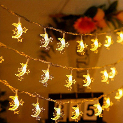 1pc Luces de cuerda LED Majisu Moon, alimentadas por batería, control por botón, luces de hada decorativas para interior para Ramadan, montable en pared, no impermeable, ≤36V