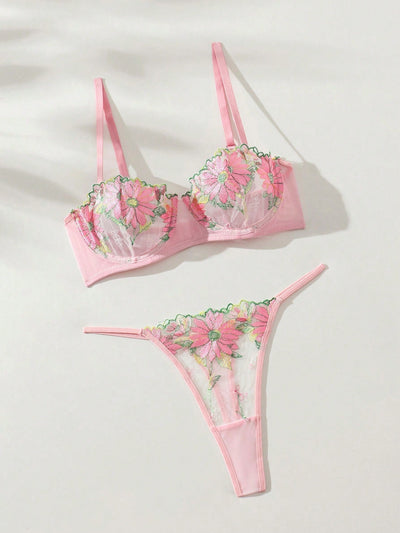 Conjunto De Lenceria De Malla Con Bordado Floral Para Mujer