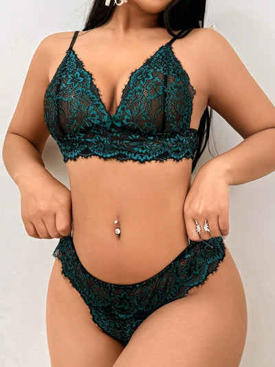 Juego De 2 Piezas De Bralette Y Panties Sexy Para Mujeres De Doble Tono De Encaje Sin Alambre