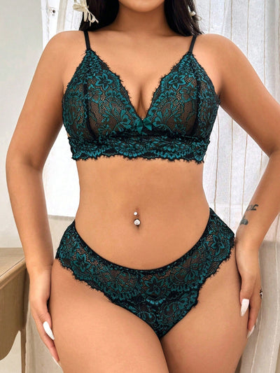Juego De 2 Piezas De Bralette Y Panties Sexy Para Mujeres De Doble Tono De Encaje Sin Alambre