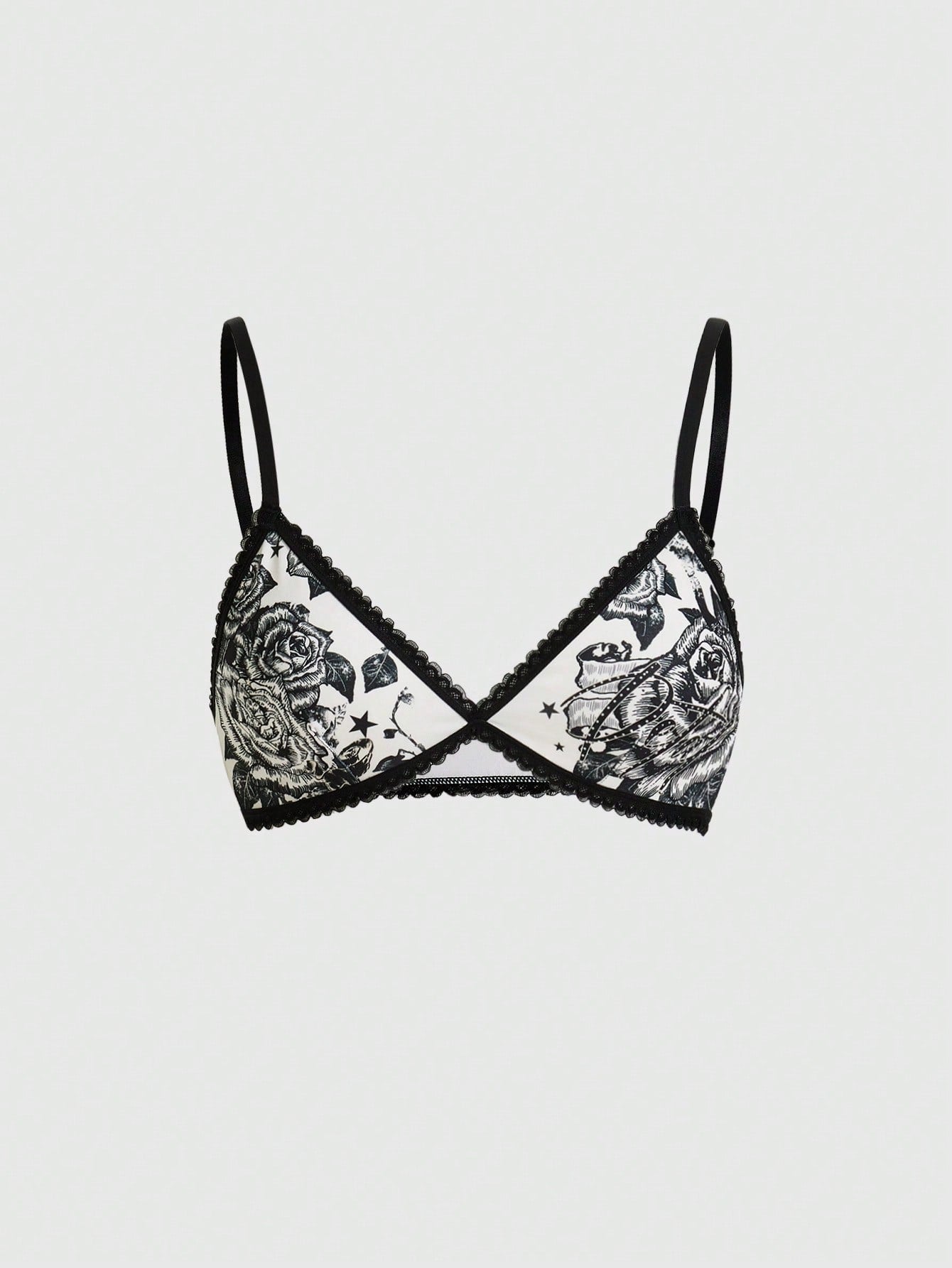ROMWE Goth Sujetador De Copa Triangular Con Tirantes Contrastantes De Estilo Punk Oscuro Con Bordado De Rosa