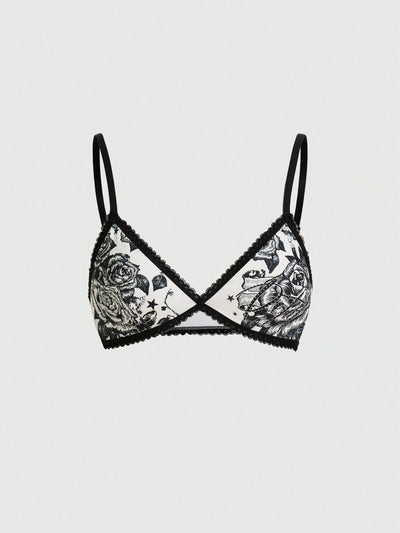 ROMWE Goth Sujetador De Copa Triangular Con Tirantes Contrastantes De Estilo Punk Oscuro Con Bordado De Rosa