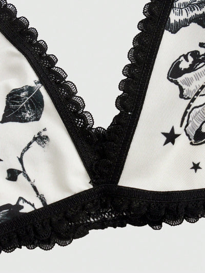 ROMWE Goth Sujetador De Copa Triangular Con Tirantes Contrastantes De Estilo Punk Oscuro Con Bordado De Rosa