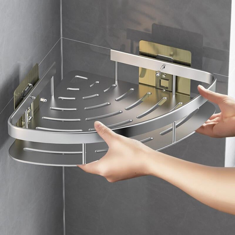 Estantería de Baño Montada en la Pared con Ventosa - Paquete de 1, Estante Triangular Impermeable sin Taladro con Barra para Toallas para Cosméticos y Artículos de Aseo, Fácil Ensamblaje, Diseño Ahorra Espacio, Acabado Metálico Elegante, Superficie Fácil