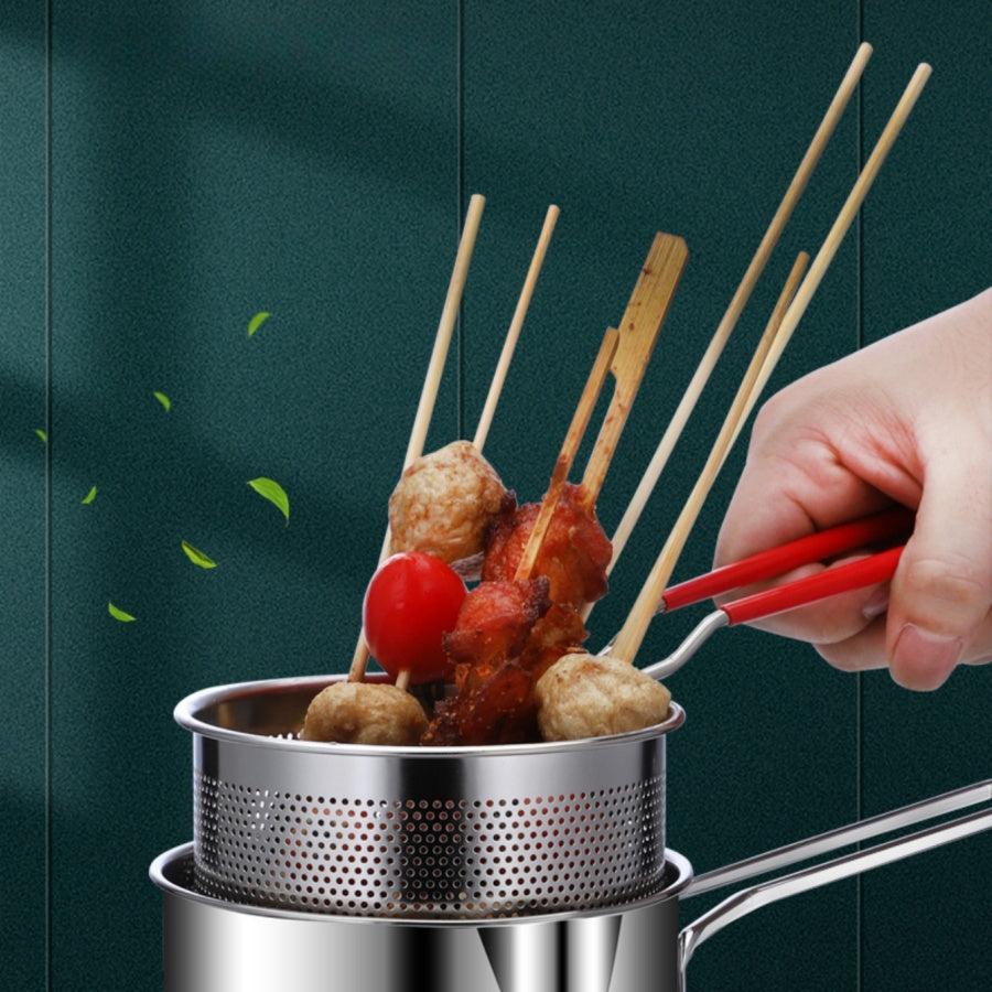 Olla de freidor de acero inoxidable con colador, mini sartén de freír de 304 ahorro de aceite para uso en el hogar, compatible con fogones de inducción y gas, no requiere batería