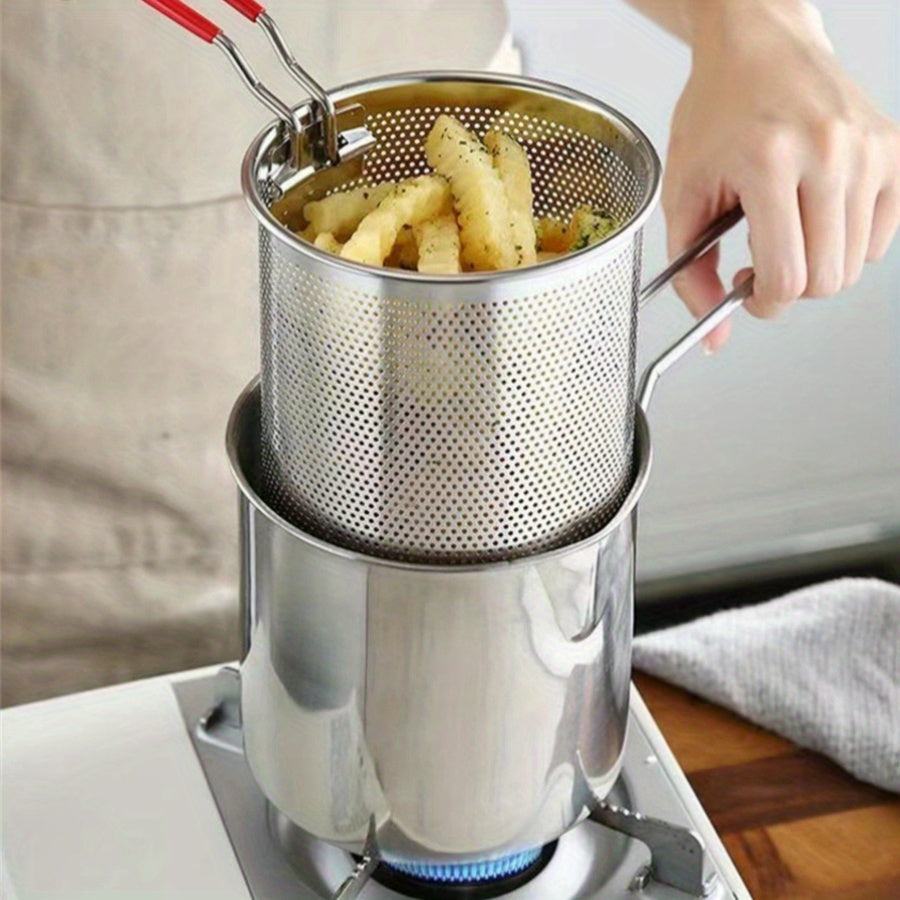 Olla de freidor de acero inoxidable con colador, mini sartén de freír de 304 ahorro de aceite para uso en el hogar, compatible con fogones de inducción y gas, no requiere batería