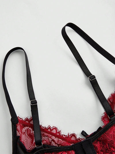 Romwe goth sujetador con aros y encaje con bloques de color para mujer, con adorno de lazo