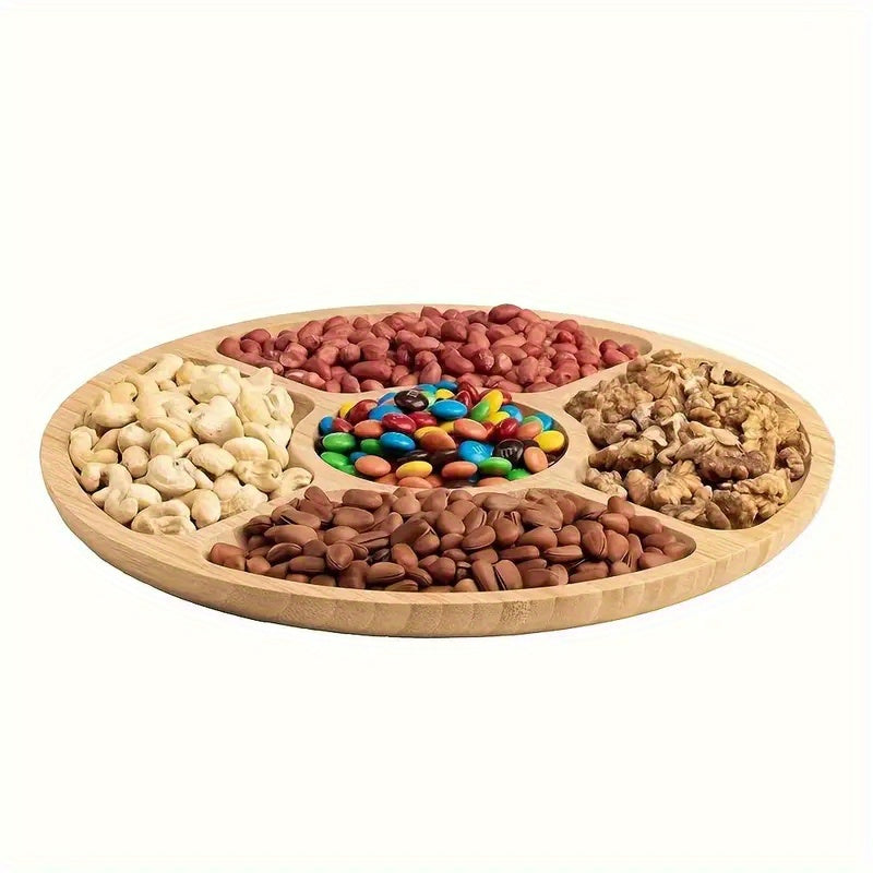 Bandeja de Bocadillos de Bambú con 5 Compartimentos - Redonda, Duradera y Diseño de Veta de Madera Natural para Frutas, Aperitivos y Decoración de Fiesta - Detalles en los Borde Suaves, Segura para Alimentos y Bandeja de Servir Versátil