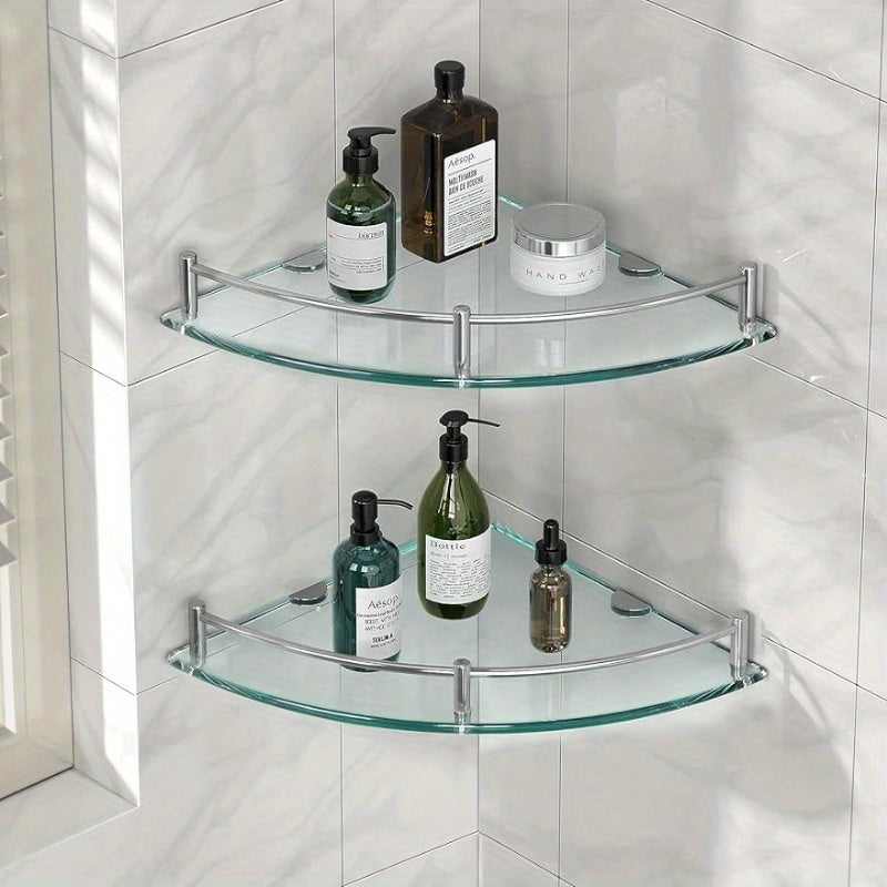 2 piezas de estantes de ducha de esquina montados en la pared con vidrio templado y barandillas de acero inoxidable - Organizador de baño que ahorra espacio para artículos de tocador, champú, acondicionador y más - Caddy de ducha duradero para baños mode