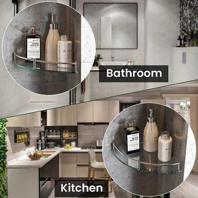 2 piezas de estantes de ducha de esquina montados en la pared con vidrio templado y barandillas de acero inoxidable - Organizador de baño que ahorra espacio para artículos de tocador, champú, acondicionador y más - Caddy de ducha duradero para baños mode
