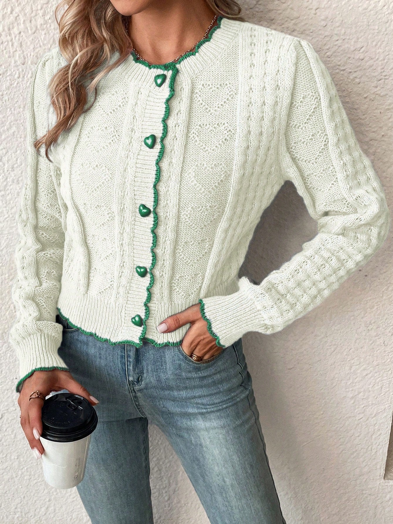 Franclia cardigan casual de mujer con borde de concha de color contrastante, para otono