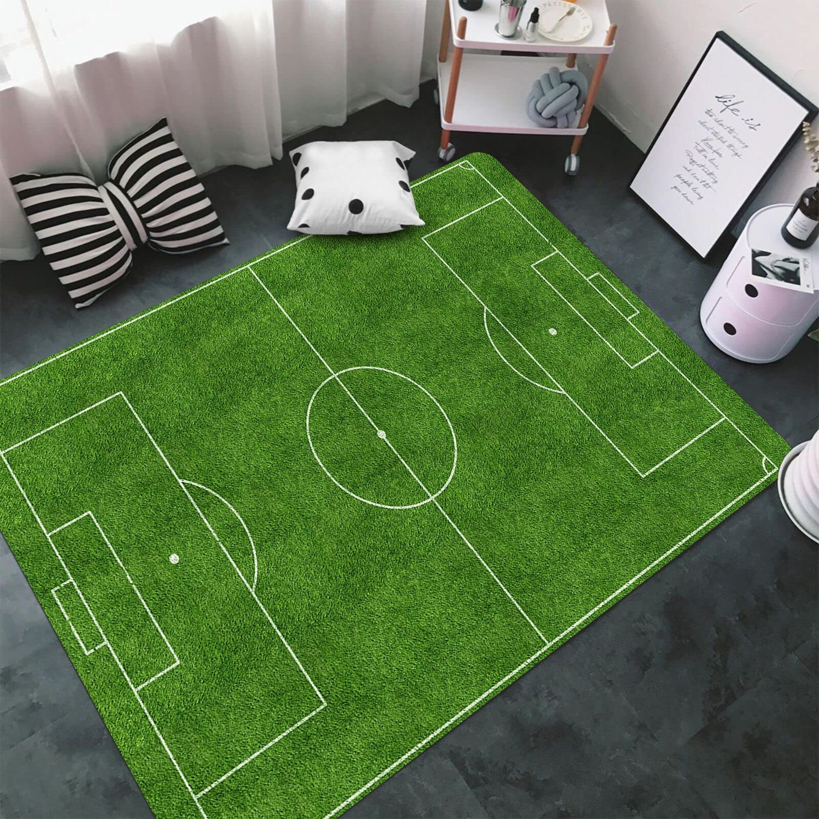 1 alfombra de área de campo de fútbol, gruesa de espuma, tamaño grande, tapete de juego impreso con cancha deportiva, temporada primavera/verano, tema al aire libre, resistente al desgaste, decoración para sala, dormitorio o habitación de adolescentes, a