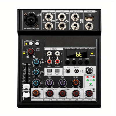 Mezclador de audio DJ Tynan de 5 canales con reproducción USB, alimentación fantasma de 48V, conectividad potente y diseño compacto, ideal para pequeños conciertos, presentaciones en vivo y uso profesional de DJ, accesorios para DJ