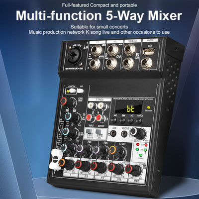 Mezclador de audio DJ Tynan de 5 canales con reproducción USB, alimentación fantasma de 48V, conectividad potente y diseño compacto, ideal para pequeños conciertos, presentaciones en vivo y uso profesional de DJ, accesorios para DJ