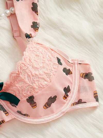 Conjunto De Sujetador Y Tanga Para Mujer Con Encaje Y Malla Y Con Aros