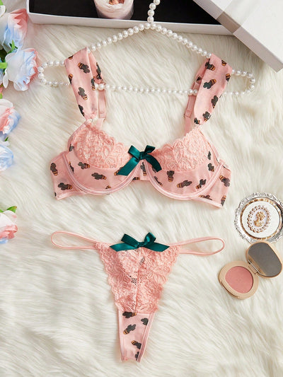 Conjunto De Sujetador Y Tanga Para Mujer Con Encaje Y Malla Y Con Aros