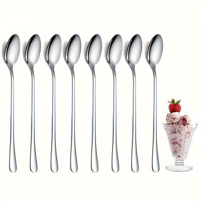 Juego de 8 cucharas de acero inoxidable con mango largo, para mezclar té, café y helado, resistentes al lavavajillas, para cocina