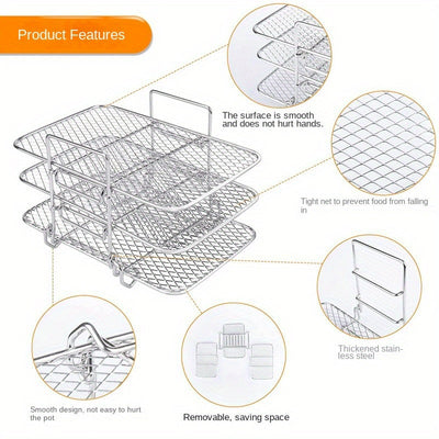 3/5pcs Bandeja de Deshidratación de Malla de Tres Capas para Freidora de Aire Accesorios para Freidora de Aire Bandeja de Secado Apilable con Cuenco de Ángulo Elevado y Soporte para Platos Cepillo de Aceite Bandeja de Drenaje Bandeja para Barbacoa