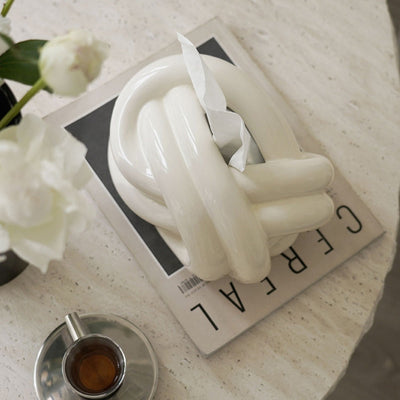 1 pieza de Cubierta para Caja de Pañuelos con Diseño de Nudo Cerámico - Portaservilletas Redondo Moderno en Beige y Blanco, Decoración Elegante para Baño, Sala de Estar, Encimera del Tocador