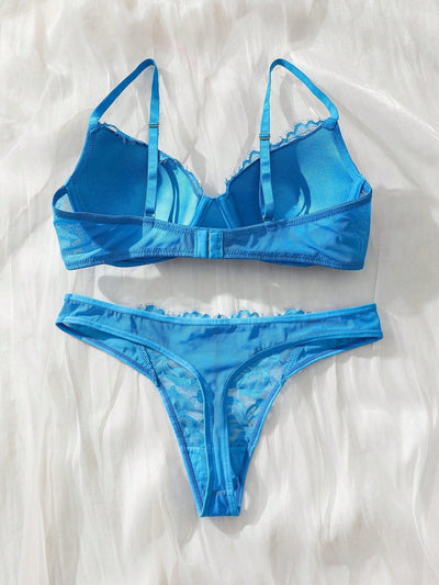 Conjunto De Lenceria De Encaje Con Insercion Solida De Color Para Mujer