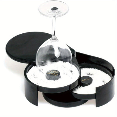 Caja de condimentos para cócteles de 3 niveles en plástico negro - Margarita, sal, azúcar y jugo, con tazas medidoras y tapas para bar en casa