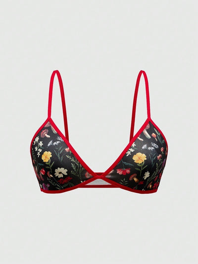 NEW ROMWE Fairycore Sujetador inalambrico con bordes en contraste, con estampado floral y de setas