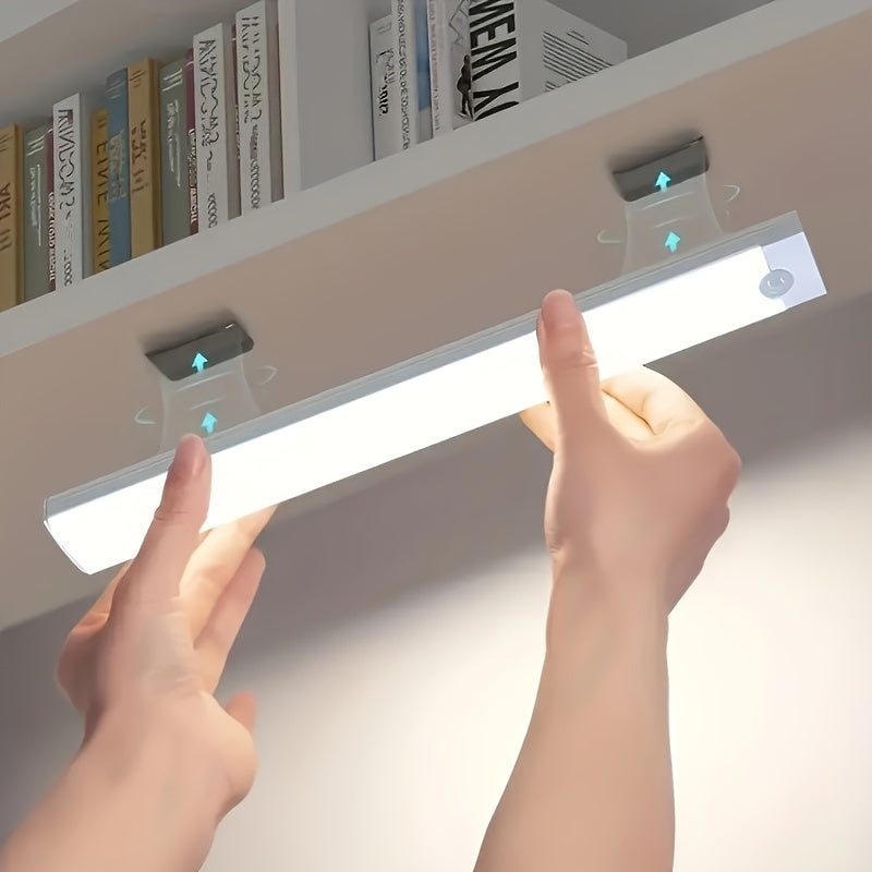 1pc Luz de armario LED inteligente, detección de cuerpo humano, iluminación ajustable, color sólido, plástico, autosoportado, montaje en pared, interruptor de botón, batería de litio recargable, acabado pulido, para varios tipos de habitaciones