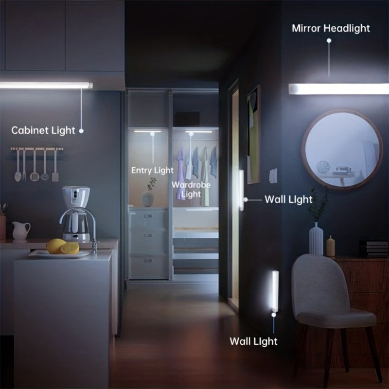 1pc Luz de armario LED inteligente, detección de cuerpo humano, iluminación ajustable, color sólido, plástico, autosoportado, montaje en pared, interruptor de botón, batería de litio recargable, acabado pulido, para varios tipos de habitaciones