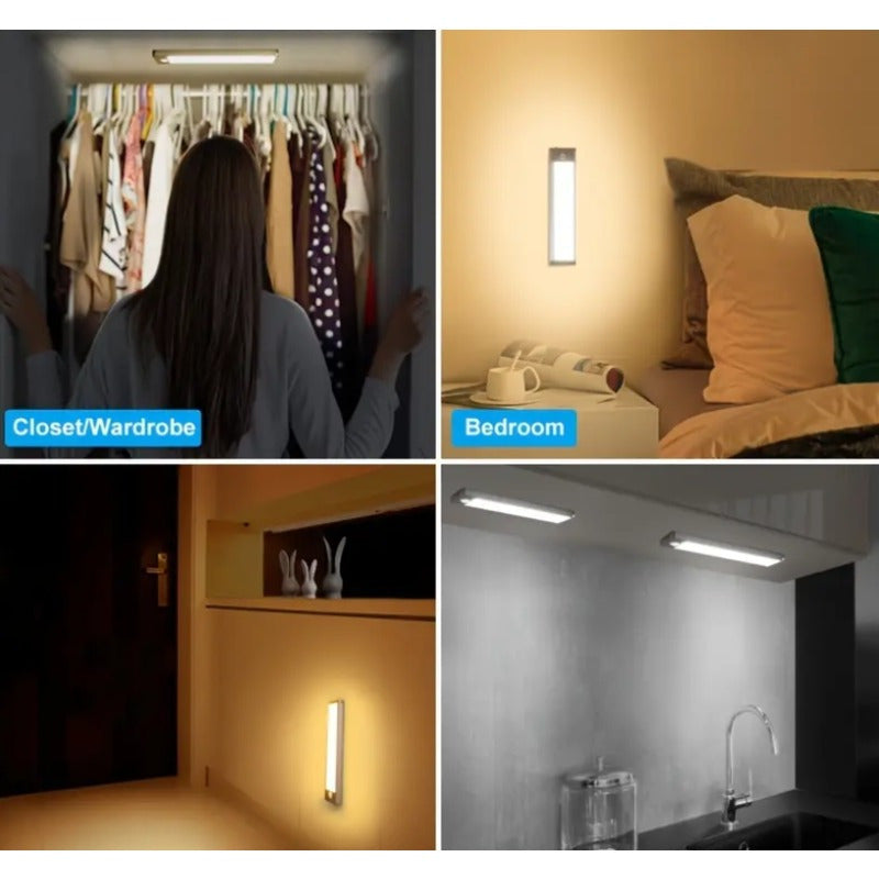 1pc Luz de armario LED inteligente, detección de cuerpo humano, iluminación ajustable, color sólido, plástico, autosoportado, montaje en pared, interruptor de botón, batería de litio recargable, acabado pulido, para varios tipos de habitaciones