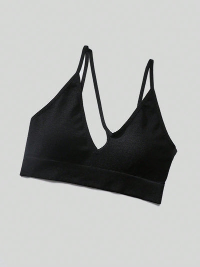 Sujetador sin costuras sexy para mujer, sin relleno, negro, correas delgadas, chaleco deportivo/fitness/yoga, soporte de espalda
