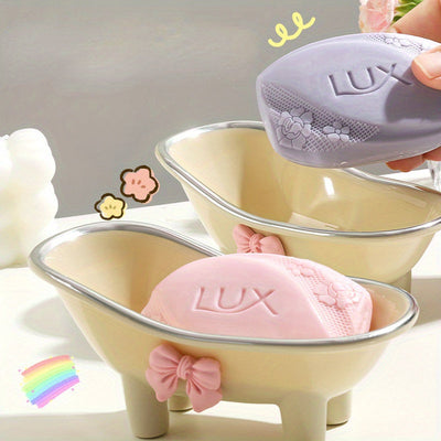 Portajabones ovalado encantador con moño rosa - Soporte para jabón de resina para baño, accesorio de baño creativo y lindo, portajabones con acabado brillante