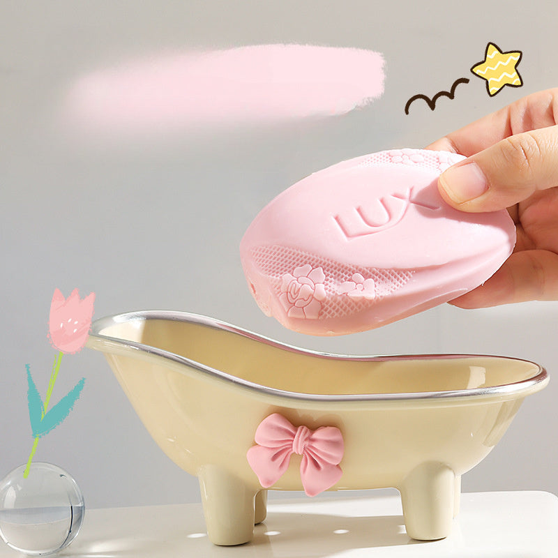 Portajabones ovalado encantador con moño rosa - Soporte para jabón de resina para baño, accesorio de baño creativo y lindo, portajabones con acabado brillante