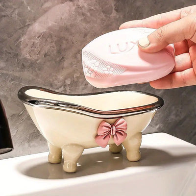 Jabonera Creativa y Linda para Bañera con Lazo Rosa - Bandeja de Jabón Ovalada, Accesorios Decorativos para el Cuarto de Baño, Lavabo o Ducha, Diseño Divertido, Artículos para la Bañera