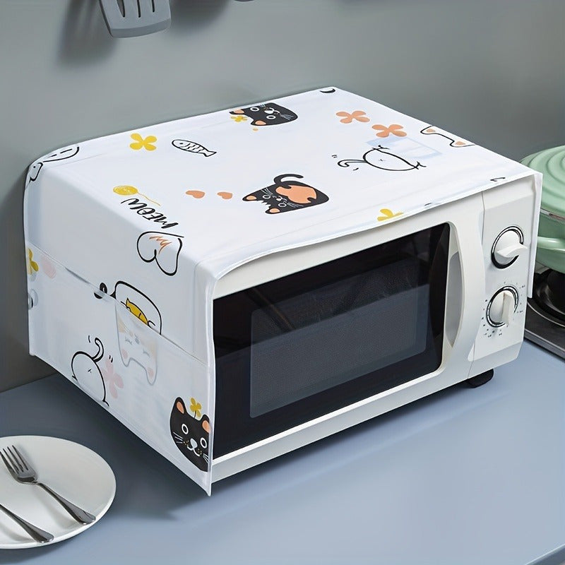 1pc Cubierta de Polvo para Horno de Microondas con Adorable Gato de Dibujos Animados y Flores - No Eléctrica, Plástico Duradero, Protector de Decoración de Cocina con Bolsillo Lateral para Acceso Fácil, Accesorios para Microondas