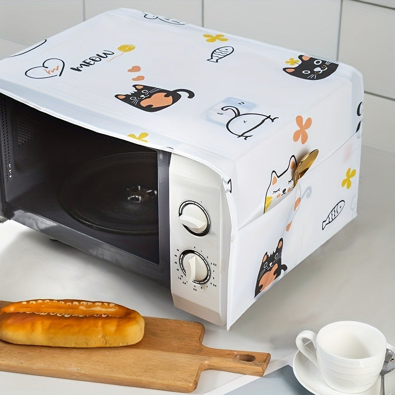 1pc Cubierta de Polvo para Horno de Microondas con Adorable Gato de Dibujos Animados y Flores - No Eléctrica, Plástico Duradero, Protector de Decoración de Cocina con Bolsillo Lateral para Acceso Fácil, Accesorios para Microondas