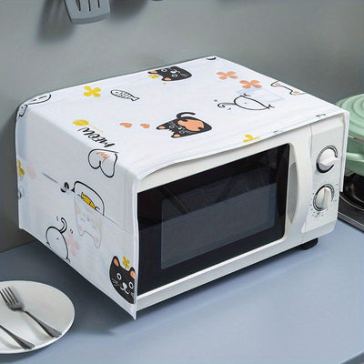 1pc Cubierta de Polvo para Horno de Microondas con Adorable Gato de Dibujos Animados y Flores - No Eléctrica, Plástico Duradero, Protector de Decoración de Cocina con Bolsillo Lateral para Acceso Fácil, Accesorios para Microondas