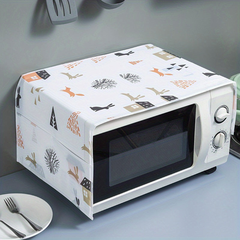 1pc Cubierta de Polvo para Horno de Microondas con Adorable Gato de Dibujos Animados y Flores - No Eléctrica, Plástico Duradero, Protector de Decoración de Cocina con Bolsillo Lateral para Acceso Fácil, Accesorios para Microondas