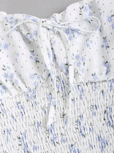 Vestido floral de manga farol con nudo delantero con fruncido bajo con fruncido
