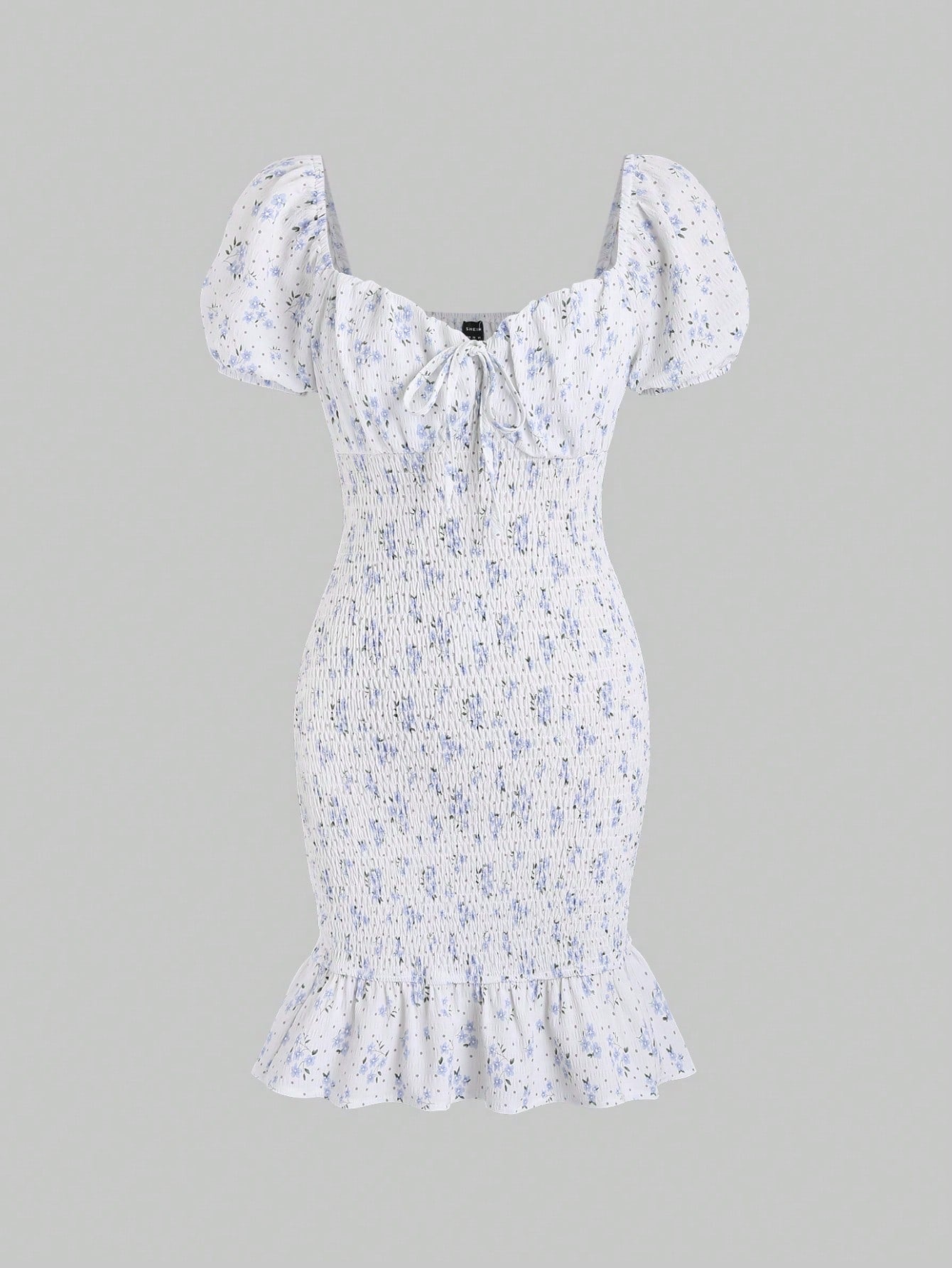 Vestido floral de manga farol con nudo delantero con fruncido bajo con fruncido