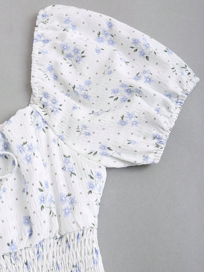 Vestido floral de manga farol con nudo delantero con fruncido bajo con fruncido