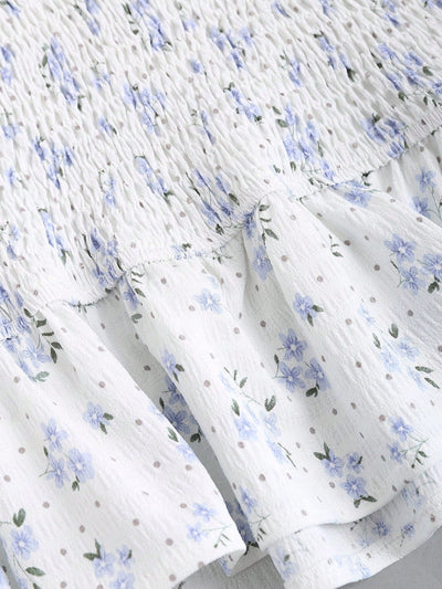 Vestido floral de manga farol con nudo delantero con fruncido bajo con fruncido