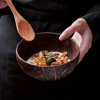 Conjunto de cuencos de cáscara de coco con cucharas de madera: Perfecto para ensaladas, postres y más - Incluye dos cuencos y dos cucharas.