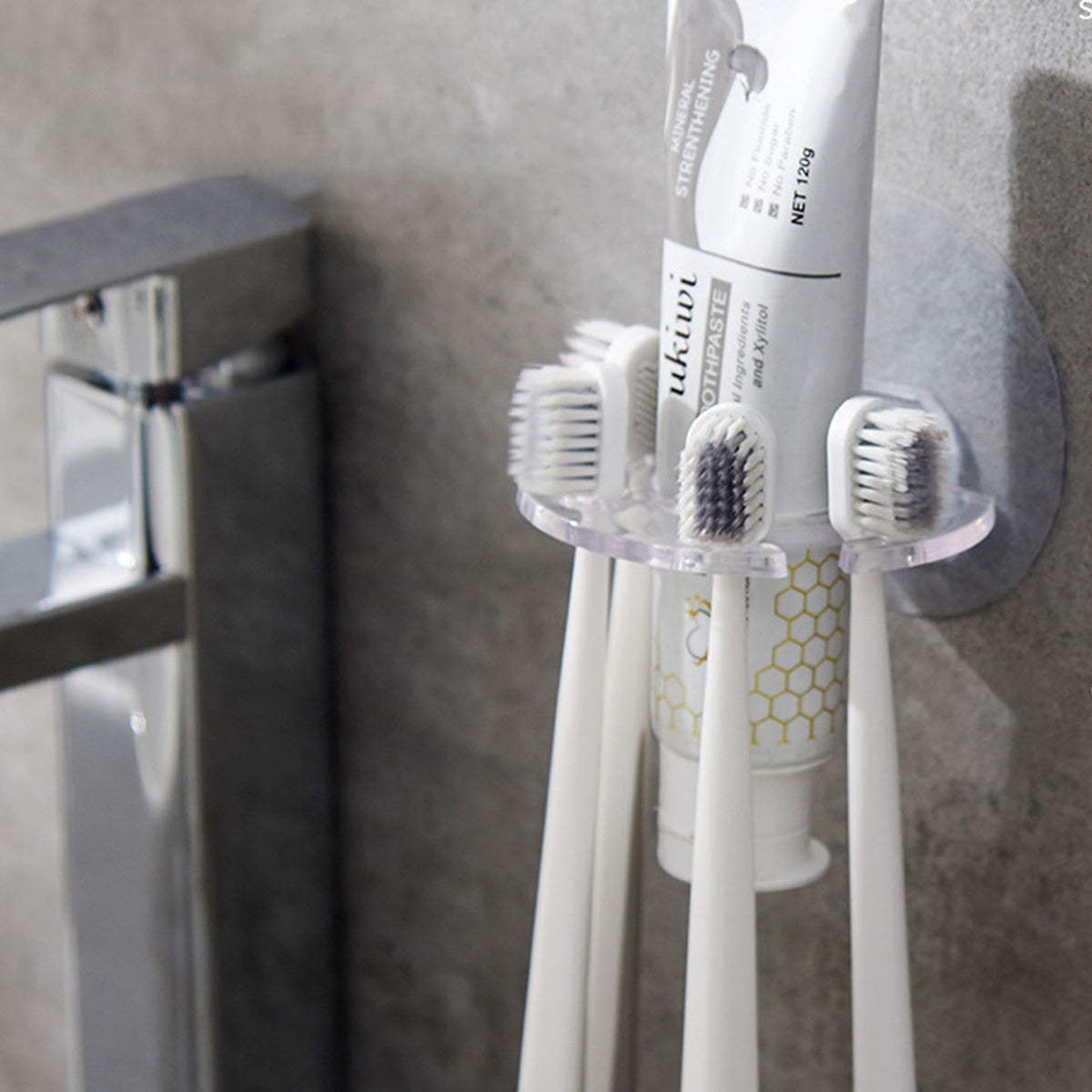 Juego de portacepillos y pasta dental para pared, plástico, sin necesidad de taladrar, sin electricidad, organizador para baño