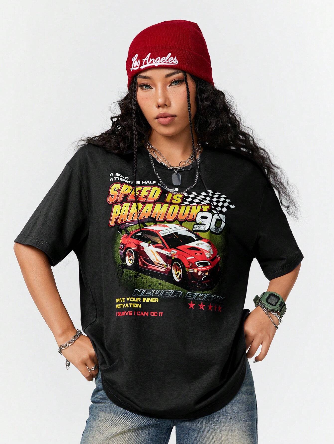 Coolane Camiseta informal de verano con mangas cortas y estampado de eslogan de automovil en tamano grande