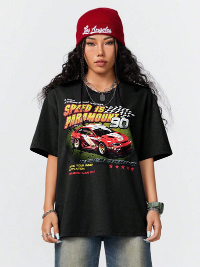 Coolane Camiseta informal de verano con mangas cortas y estampado de eslogan de automovil en tamano grande