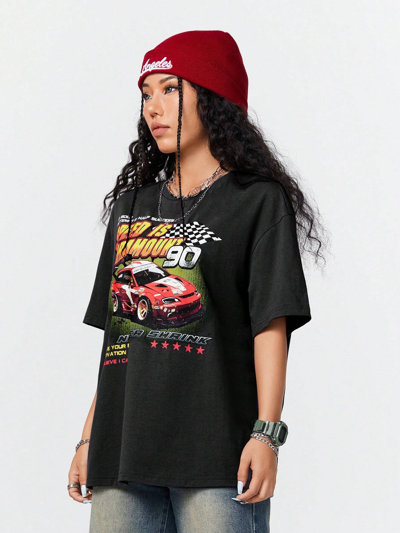 Coolane Camiseta informal de verano con mangas cortas y estampado de eslogan de automovil en tamano grande