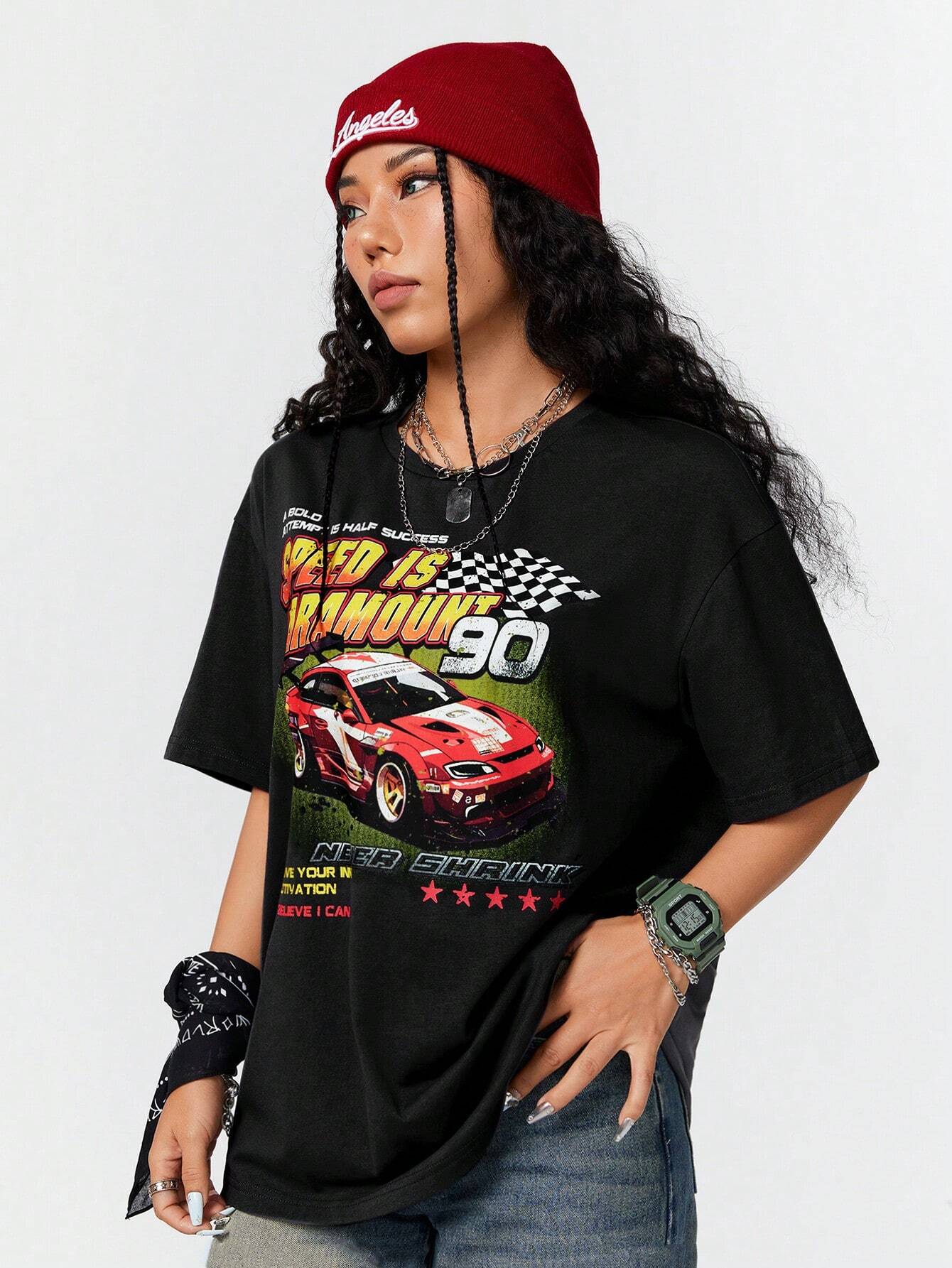 Coolane Camiseta informal de verano con mangas cortas y estampado de eslogan de automovil en tamano grande