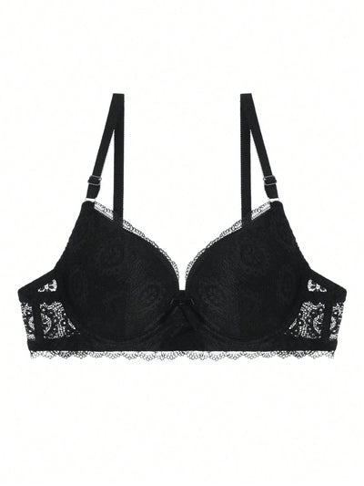 NEW Sujetador push up de encaje de unicolor, copa fina, con aros, comodo sujetador de ropa interior femenina